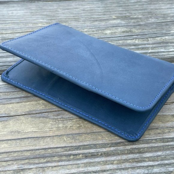 Leather Wallet Bi Fold Blue Card Holder Unisex Purse Handmade Genuine Leather - Picture 9 of 12